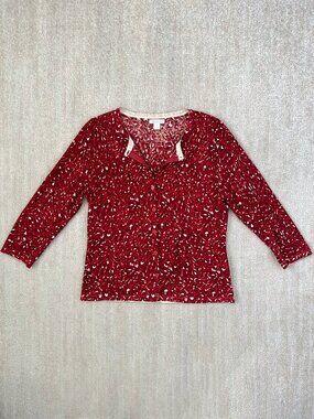 Garnet Hill Merino Wool Lightweight Cardigan Sweater L Red Animal Print